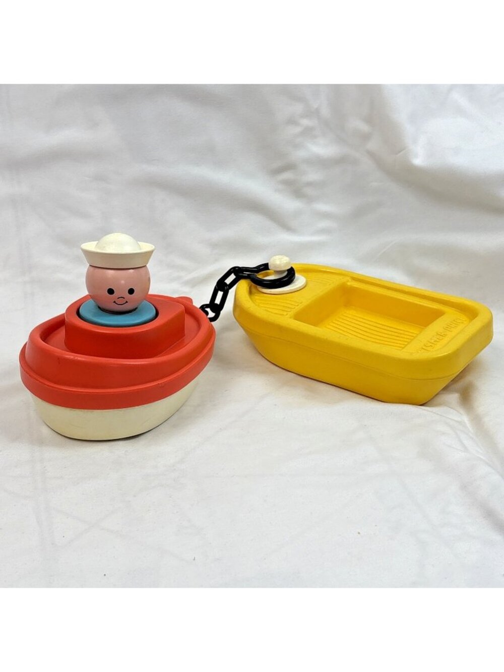 Vintage Fisher Price Tug Boat & Barge with Sailor Bath Toy 1974 1978